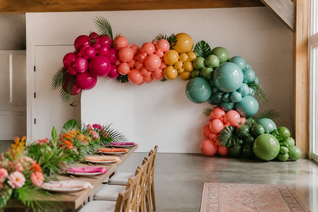 A vibrant organic balloon garland in a mix of custom colors draped across a party backdrop, with varied balloon sizes creating a natural, cascading shape at an indoor celebration