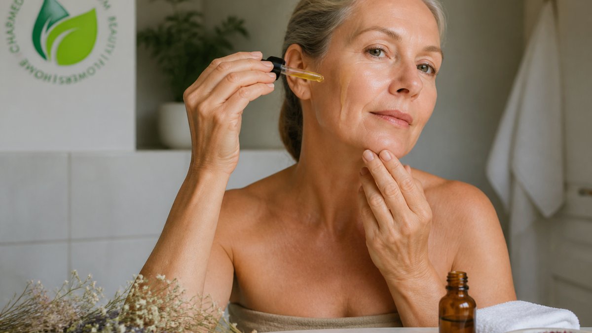 Woman in her 50s applying facial oil to her damp skin in a softly lit bathroom with a sprig of dried flowers nearby.