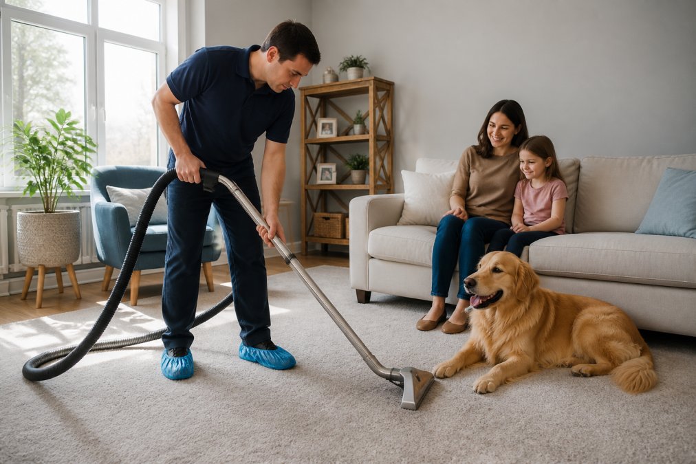 A uniformed carpet cleaning technician guiding an organic steam cleaner across a light gray living room carpet while a mother and young child sit on a sofa in the background, a golden retriever resting nearby, bright afternoon light through large windows