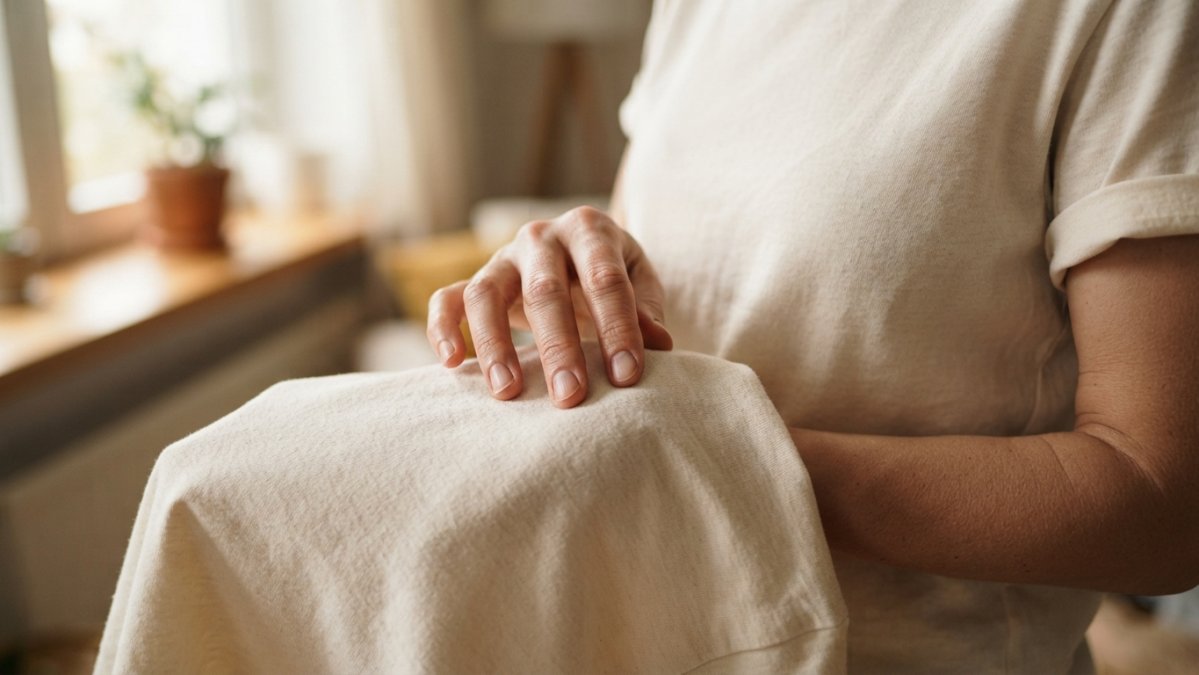 Close-up of a woman's hands gently touching the soft, smooth fabric of an organic cotton t-shirt, showing the natural texture and comfort against sensitive skin, soft natural window lighting