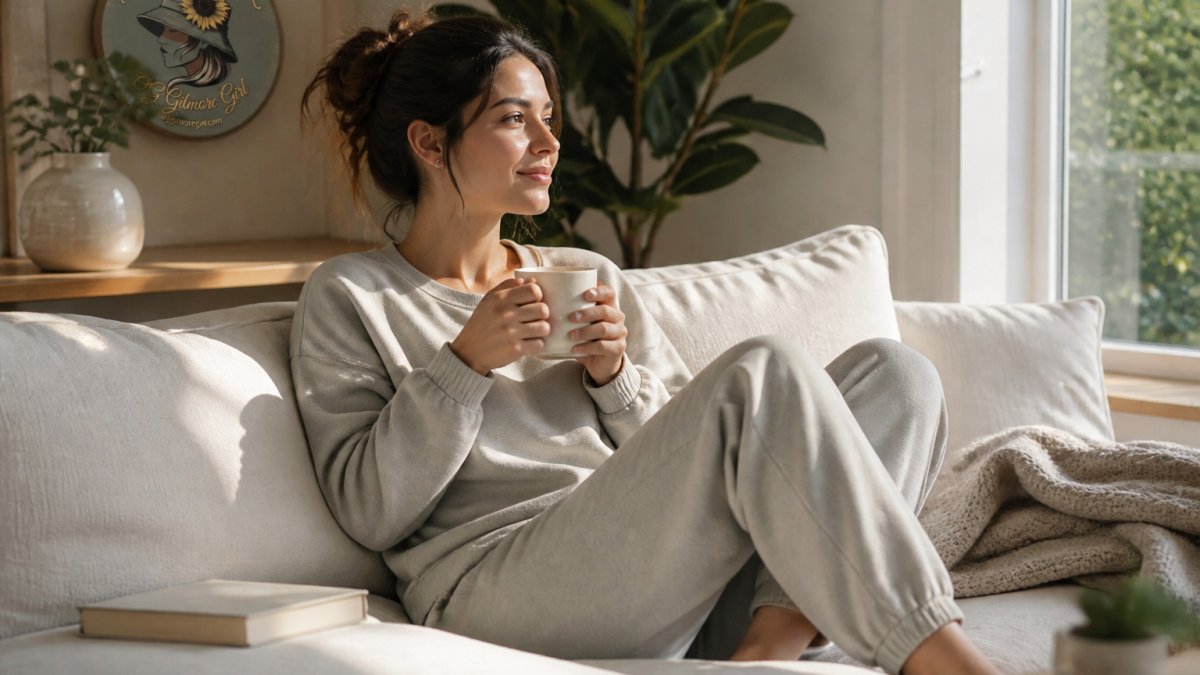 A woman in her late twenties relaxing on a light-colored sofa in a sunlit living room, wearing a soft matching lounge set, holding a mug with a book nearby