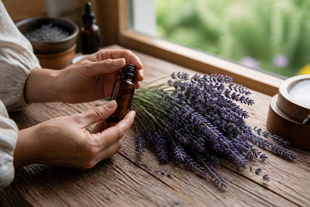 Close-up of hands holding a small amber essential oil bottle next to fresh lavender sprigs on a rustic wooden table, soft morning light from a nearby window