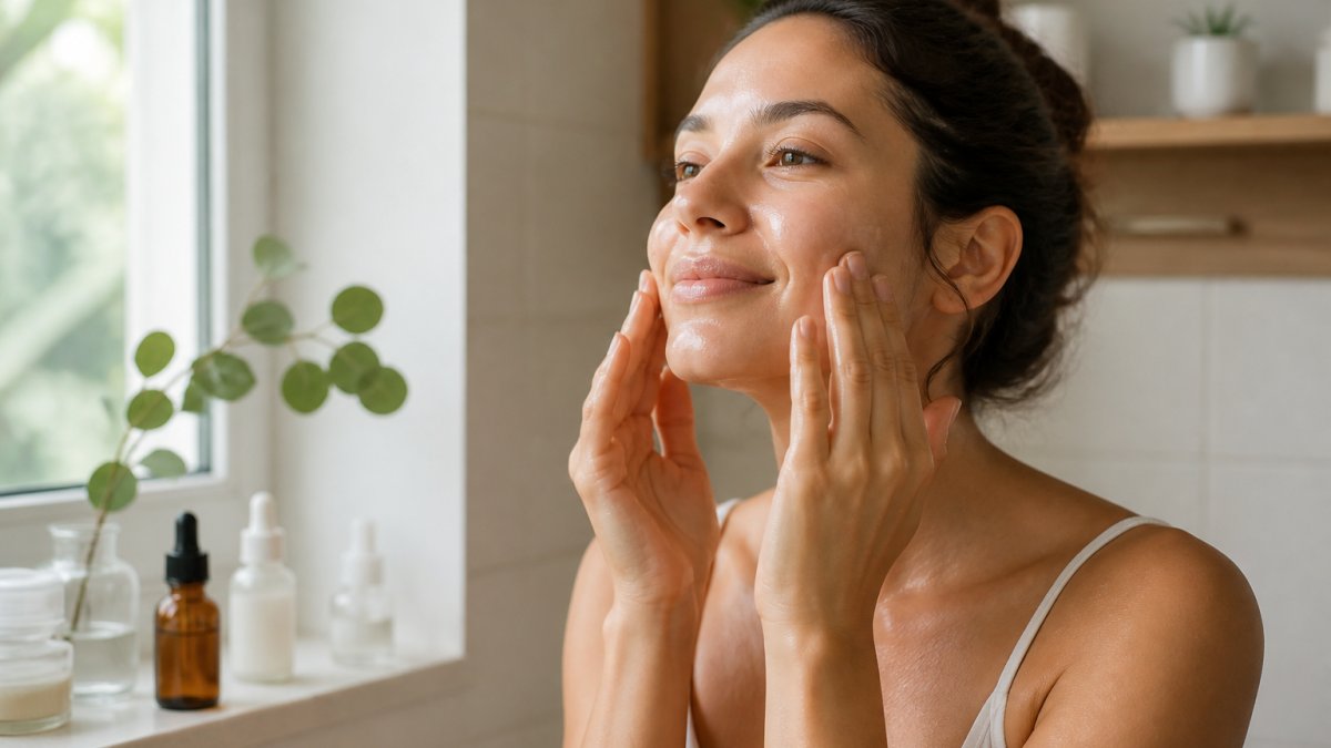 Step-by-step diagram showing how to apply facial oil to damp skin using gentle upward massage strokes.