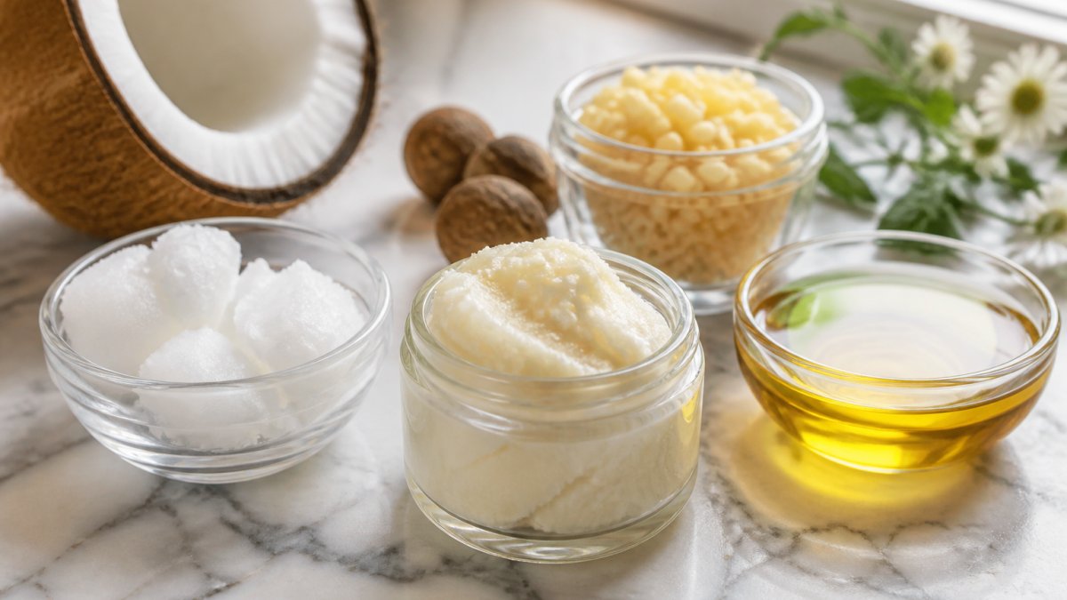 Close-up of natural lip balm ingredients arranged on a marble countertop: shea butter, coconut oil, beeswax, and jojoba oil in small glass jars, soft daylight from a nearby window