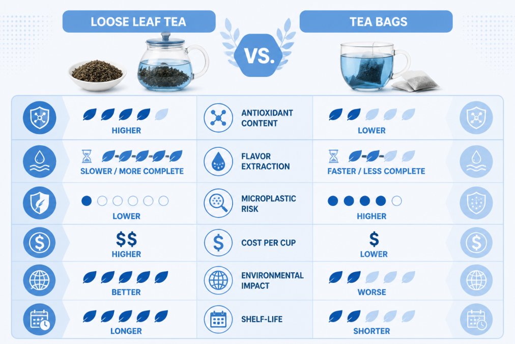 Comparison matrix showing loose leaf vs. tea bags across antioxidant content (loose leaf higher), flavor extraction rate (loose leaf slower but more complete), microplastic risk (bags higher), cost per cup (bags lower initially), environmental impact (loose leaf better), shelf-life (loose leaf longer)