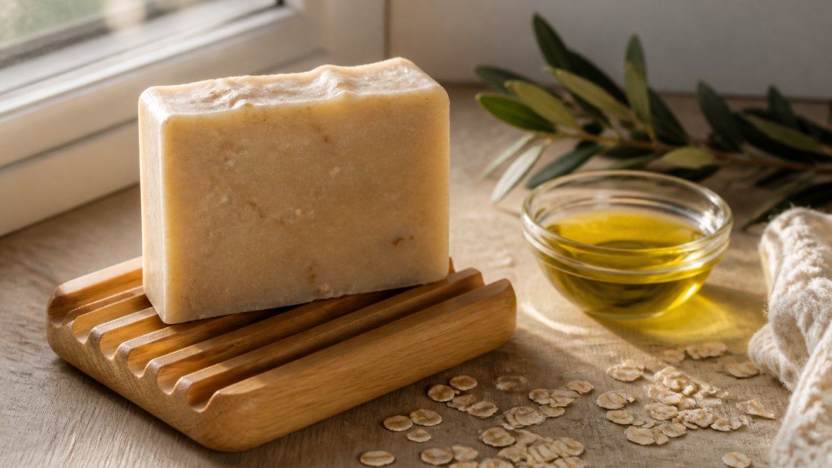 Close-up of a cured artisan soap bar resting on a grooved wooden soap dish beside a small bowl of olive oil and scattered oats, soft natural window light