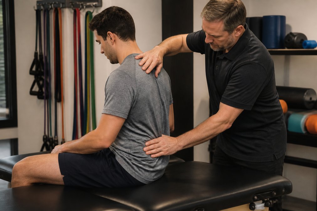 A male athlete sitting on a padded treatment table while a therapist assesses his hip and lower back posture in a well-lit sports rehabilitation room with resistance bands and foam rollers visible in the background