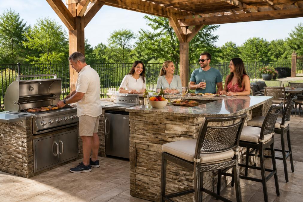 Family and friends gathered around a built-in outdoor kitchen island with stainless steel appliances, enjoying grilled food and drinks on a sunny afternoon with a pergola overhead providing shade, casual dining area visible in background