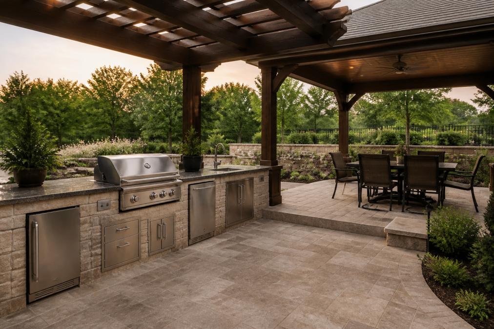 Completed outdoor kitchen featuring a covered patio with pergola, custom hardscaping, built-in grilling station with multiple stainless steel appliances, integrated dining area, and shade structures blending into the backyard landscape