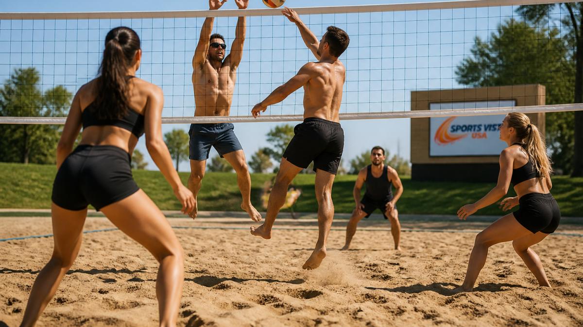 Players actively engaged in a competitive sand volleyball game, showing dynamic movement and athletic exertion with the net visible in the background during daylight