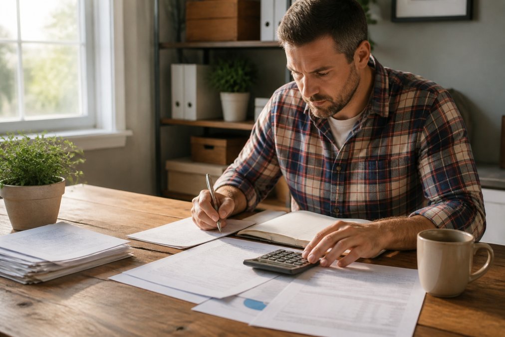 A small business owner in a flannel shirt reviewing financial documents at a wooden desk, laptop open to accounting software, morning light through a window, relaxed and focused expression