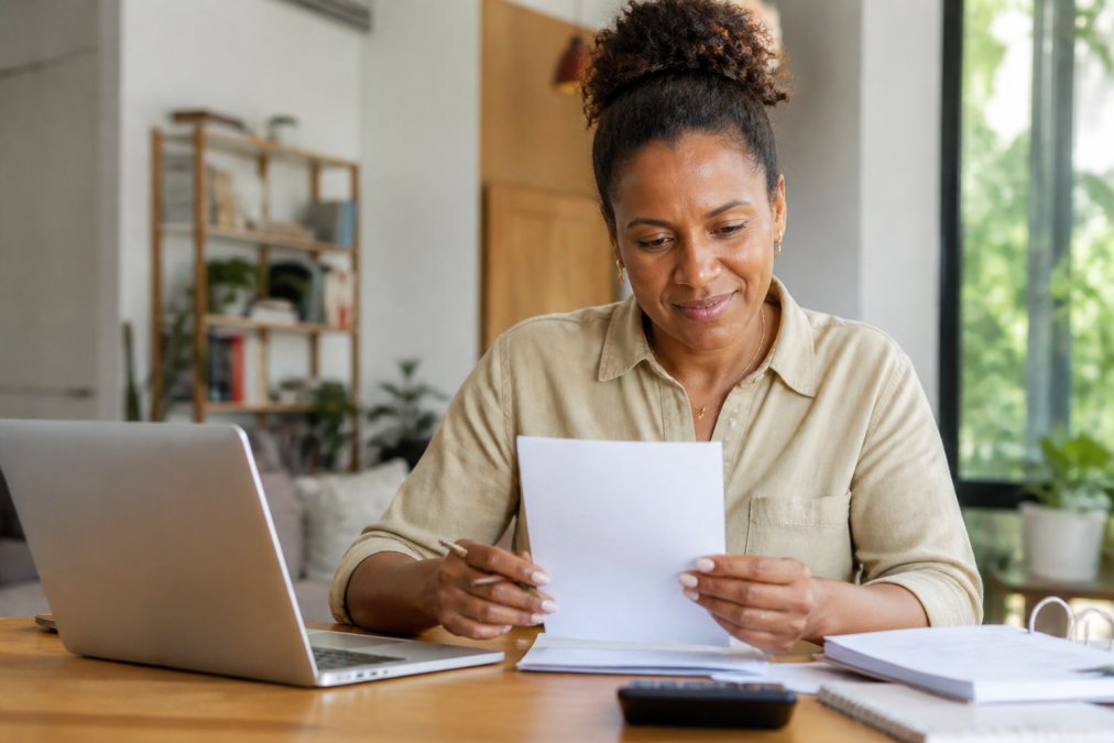 Small business owner feeling relieved while reviewing financial documents for outsourced bookkeeping on a laptop