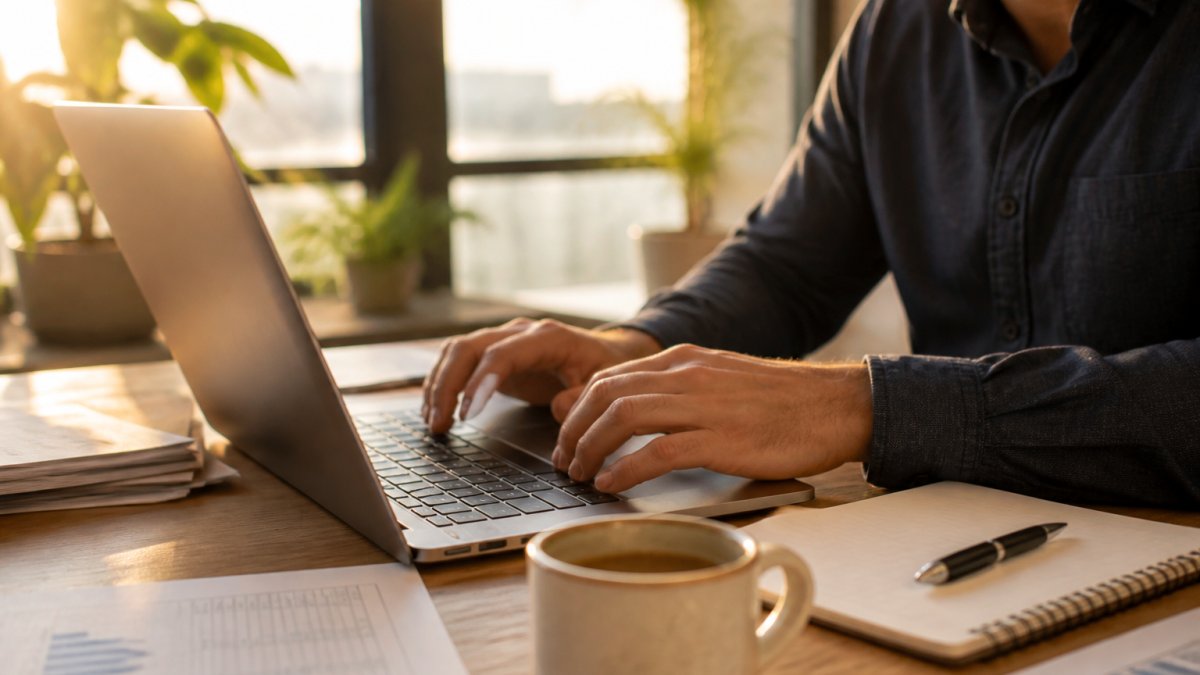 Startup founder reviewing financial reports on a laptop while using outsourced bookkeeping services in a modern office.