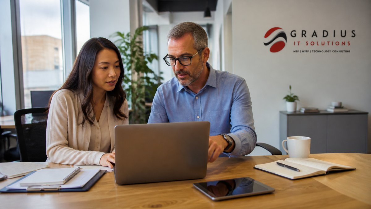 Small business owner and IT consultant reviewing a strategy to maximize the benefits of outsourced IT for small business.