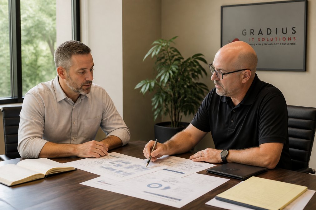 Business owner and IT consultant reviewing a strategic roadmap for outsourced IT for SMBs in an office.