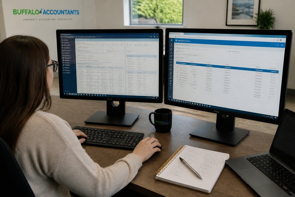 A property accountant reviewing financial dashboards on dual monitors in a modern office, with property management software visible on screen and a notebook of reconciliation notes beside the keyboard