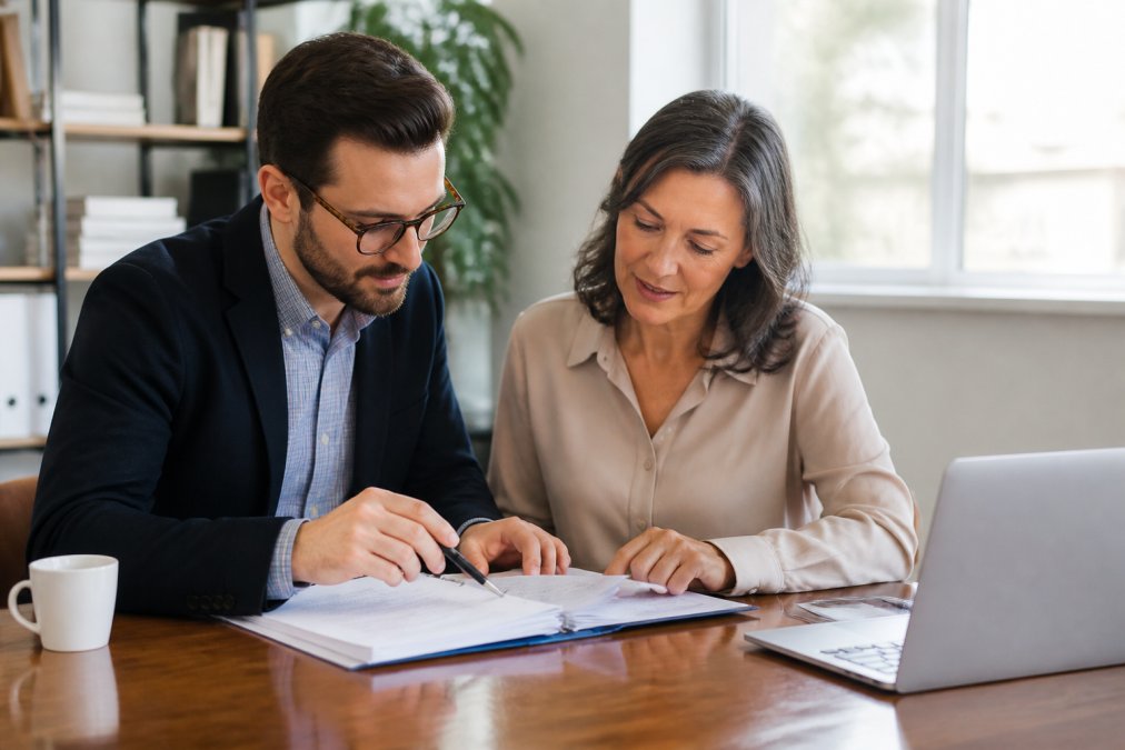 Small business owner and accountant reviewing financial documents for outsourcing accounting in a bright office.