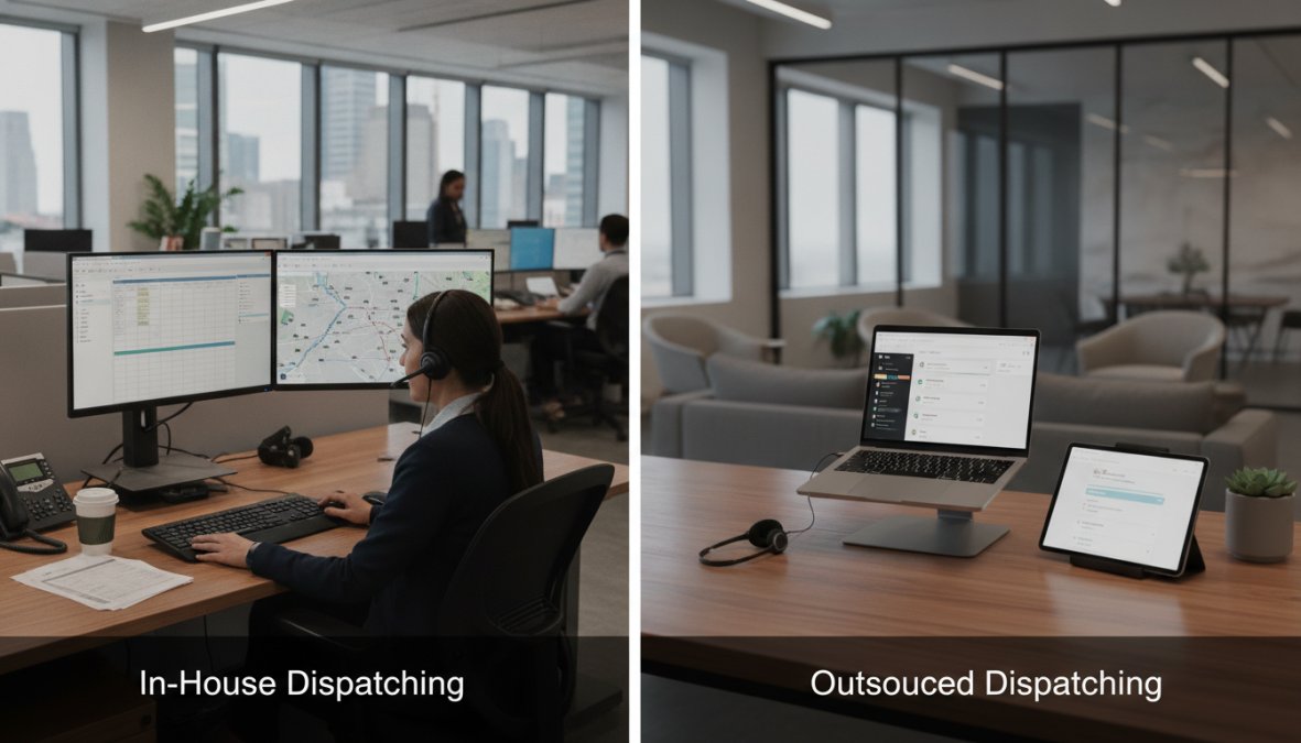 A [home services](/hiring-remote-dispatchers-for-home-services/) dispatcher wearing a headset, seated at a dual-monitor workstation displaying scheduling and routing software, working in a well-lit professional office with a whiteboard showing job assignments in the background