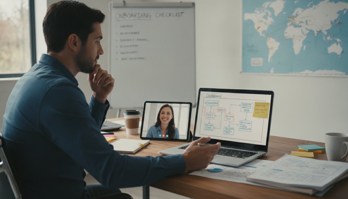 A business owner seated at a home office desk on a video call with a remote virtual team member, a laptop open showing a dispatch scheduling dashboard with job assignments and route maps, warm natural light coming through a window