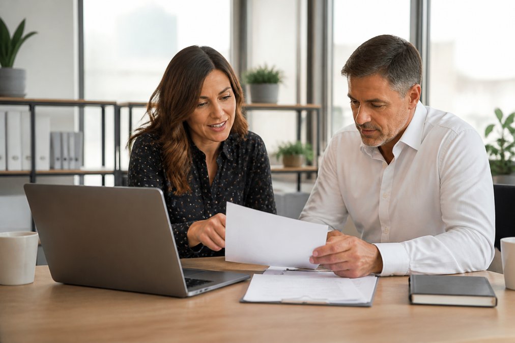Small business owner and consultant reviewing payroll software for outsourcing HR processes