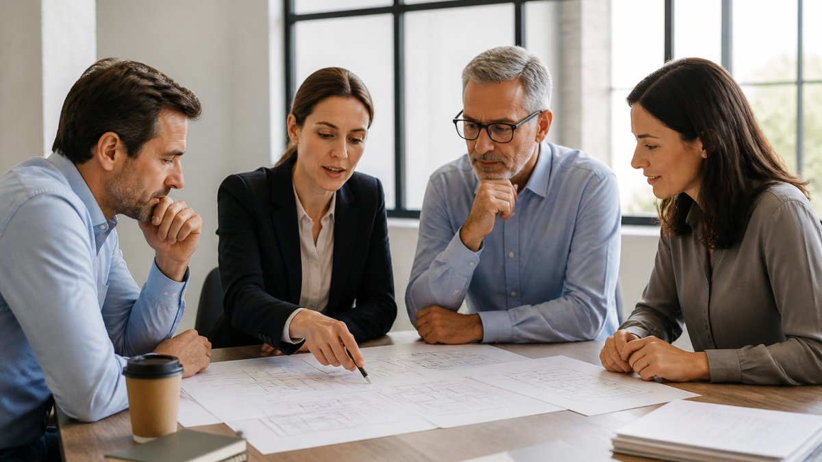 Professional business team gathered around a desk in modern office reviewing IT infrastructure documentation and transition plans with natural window lighting