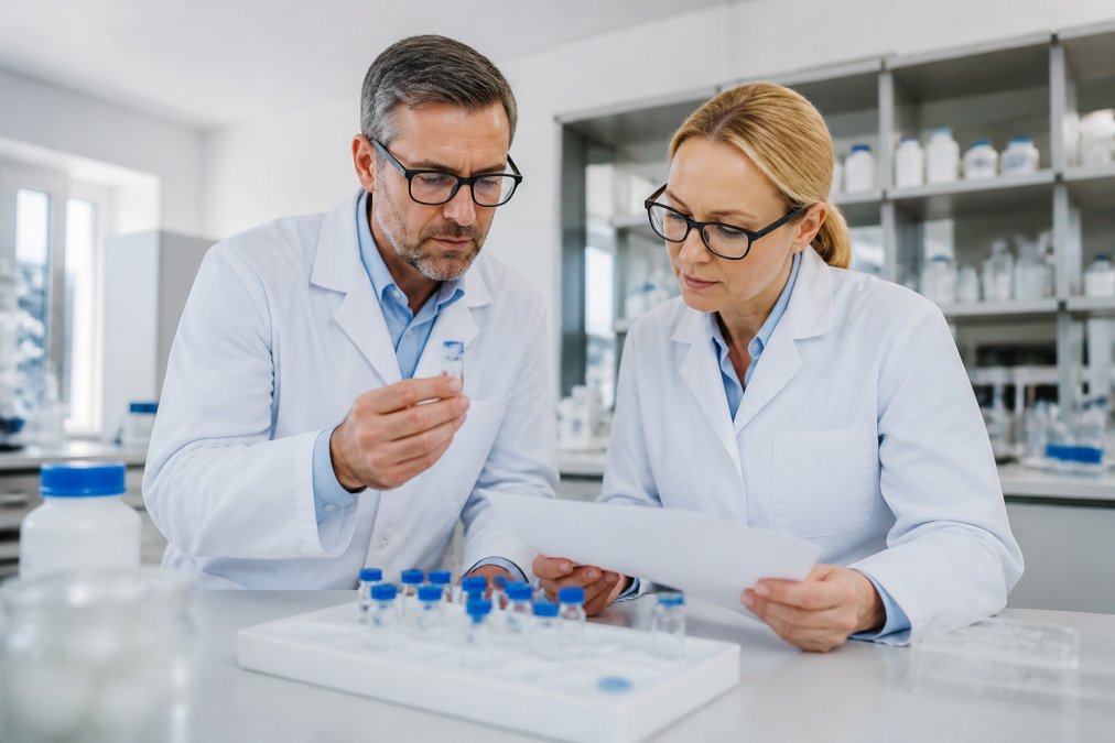 A laboratory manager and procurement specialist reviewing batch documentation and vials on a clean benchtop in a bright research lab
