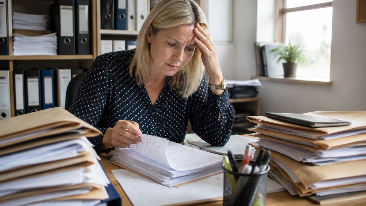 School bursar at desk surrounded by CV folders and recruitment paperwork, looking stressed while reviewing applications under office lighting