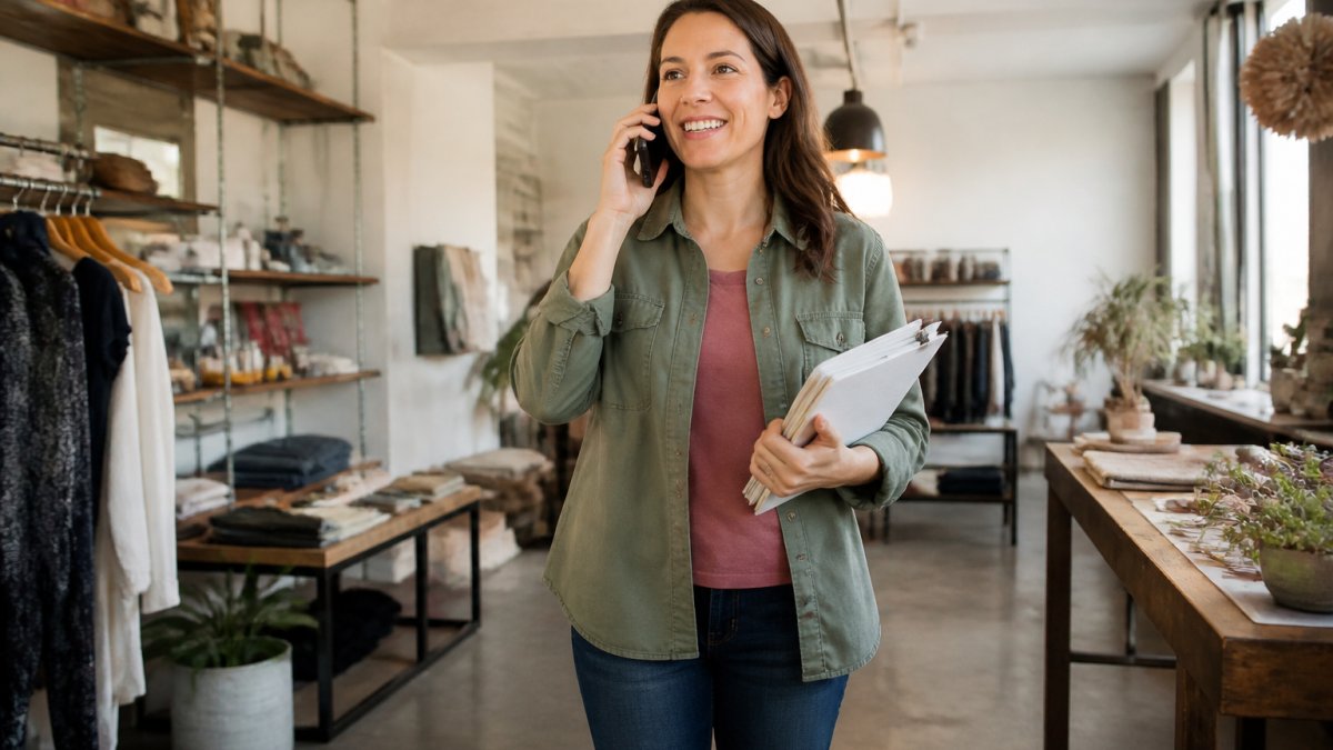 Small business owner at desk reviewing organized financial records and invoices with satisfied expression, modern workspace with computer and filing materials visible