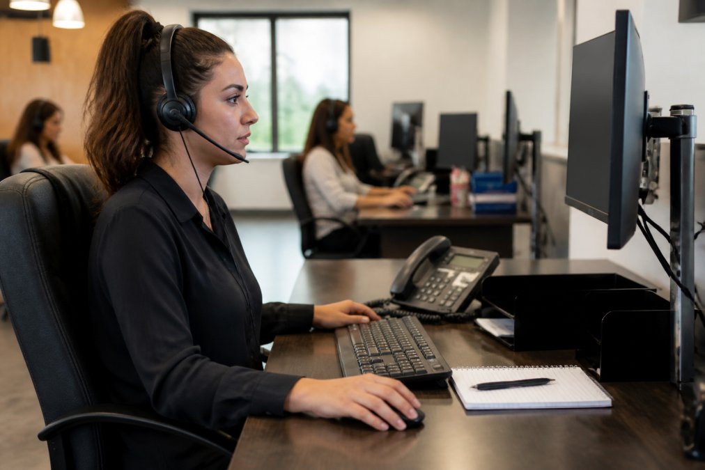 Professional dispatcher at modern workstation managing multiple call lines and dispatch software with focused expression, bright office setting with multiple monitors