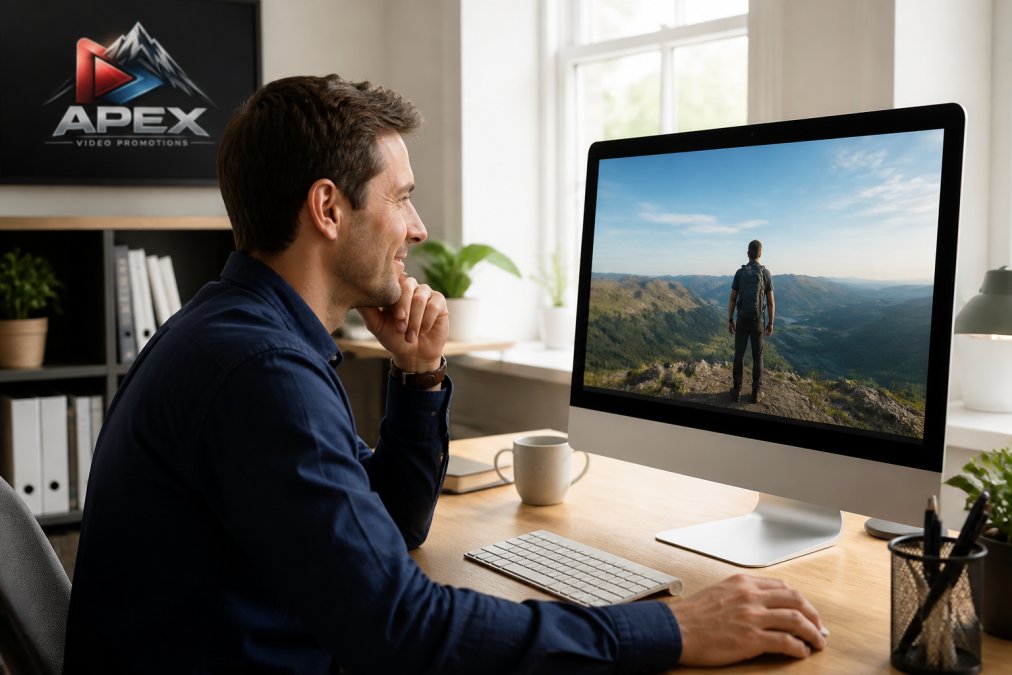Small business owner reviewing a professional promotional video on their computer screen with satisfied expression, natural office lighting, modern workspace