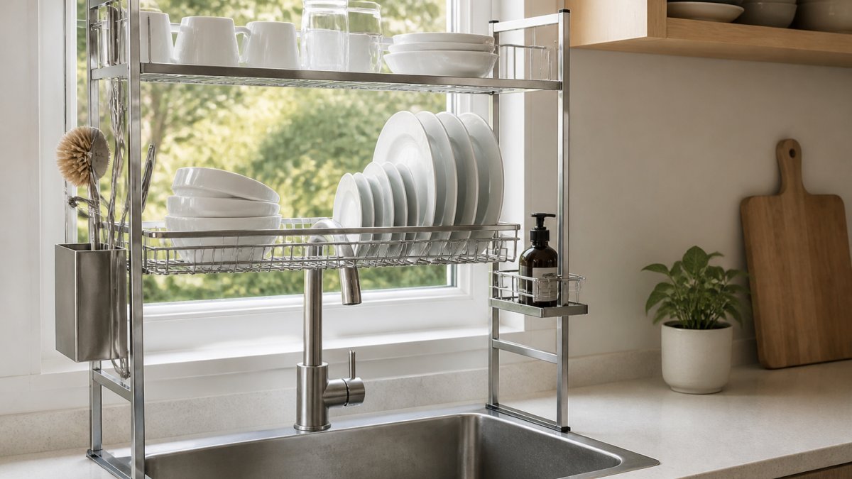Modern kitchen sink area with a sleek stainless steel over-sink rack holding organized white dishes and a glass, with a clean countertop visible beside it and natural light from a window