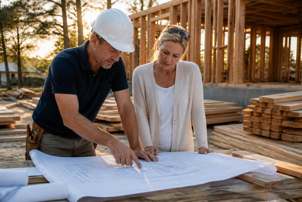 A construction site supervisor in a hard hat reviewing blueprints with a homeowner on a residential building site, framing and stacked lumber visible in the background, late afternoon light