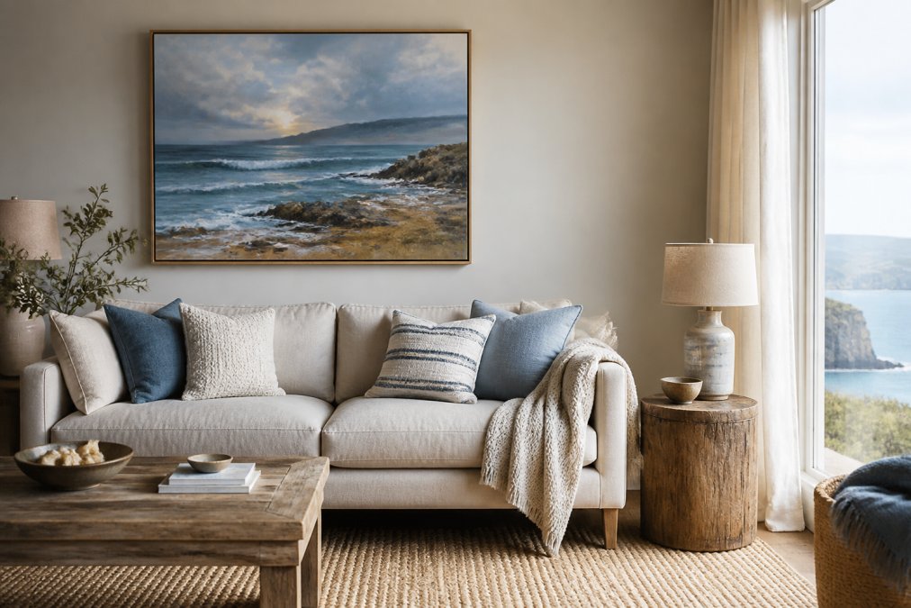 Living room with original coastal landscape artwork displayed above a neutral sofa, natural window light illuminating the piece, complementary interior styling with subtle ocean-inspired tones