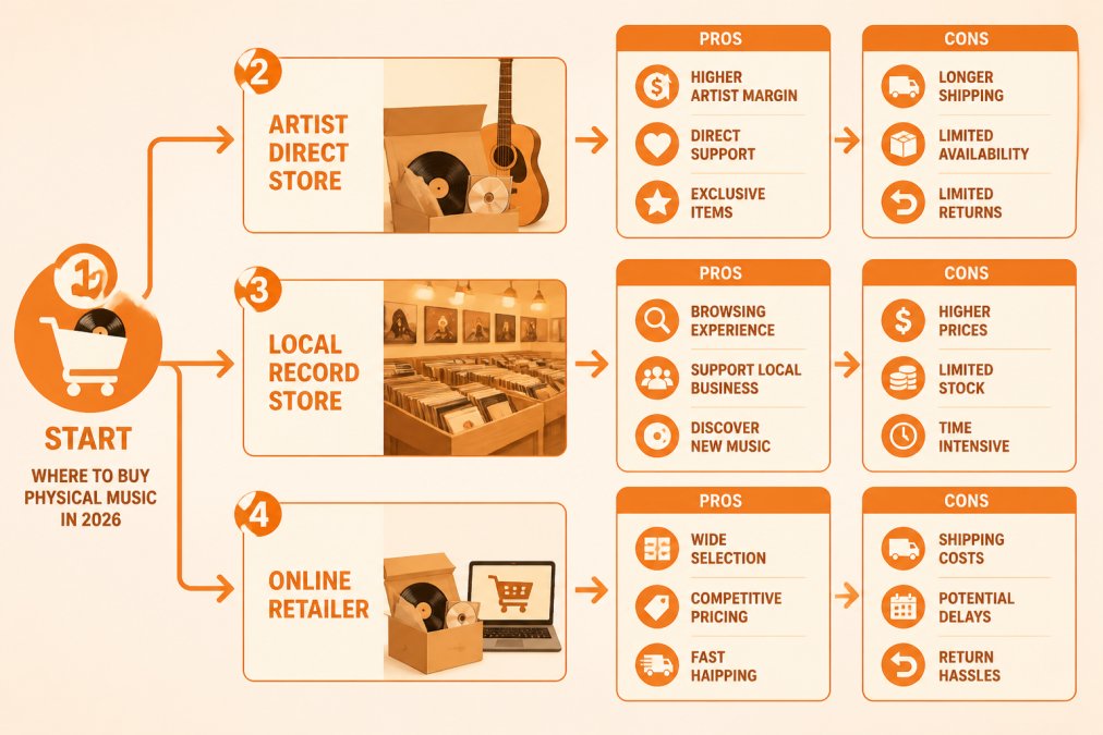 Flowchart comparing pros and cons of purchasing physical music media via artists, local shops, and online stores.