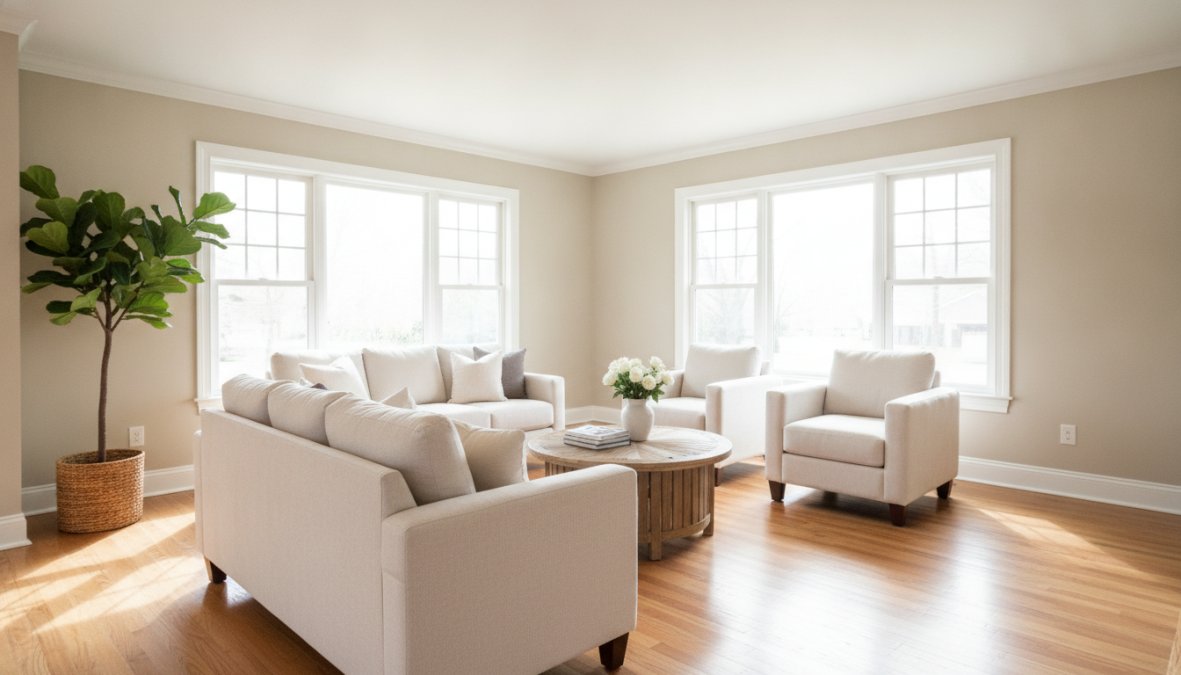 A bright, freshly painted Toronto living room with warm white walls, natural light streaming through large windows, and minimal furniture showing a clean, move-in ready interior by Soca Services Painting