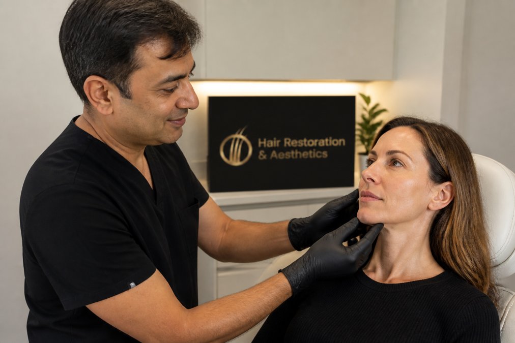 Professional healthcare provider assessing facial structure and skin laxity on patient's face during consultation, with soft clinical lighting and patient in relaxed position