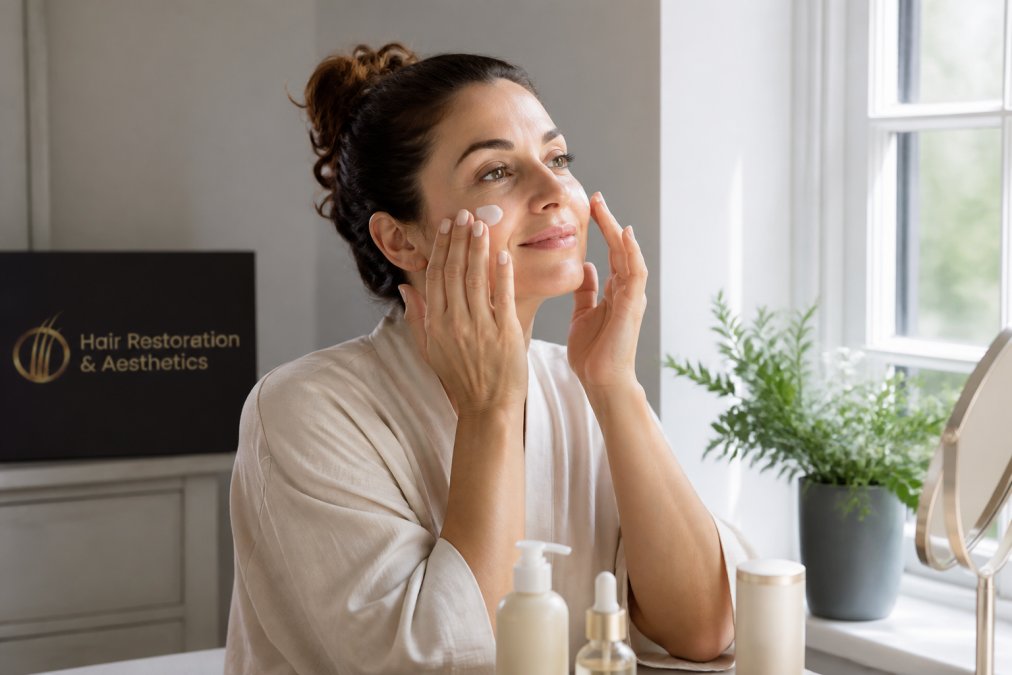 Patient at home during recovery week, gently applying recommended skincare products to face with soft hands, seated near natural window light with calm expression