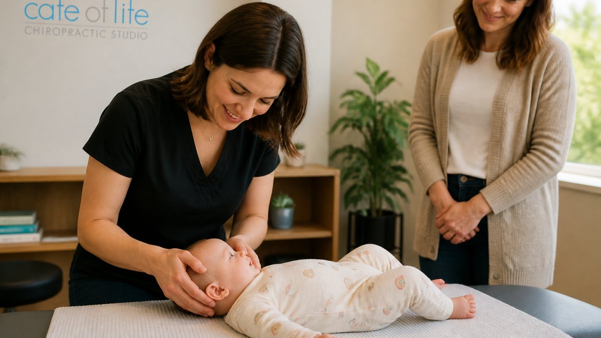 A chiropractor gently assessing a calm infant lying on a soft examination table in a bright, welcoming clinic room, with a parent standing nearby