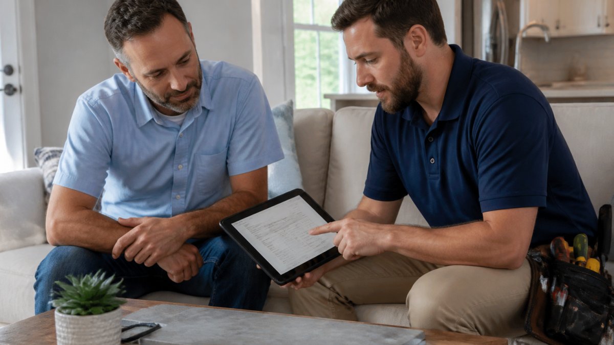 Professional electrician showing homeowner a detailed written estimate on tablet while reviewing scope of work together in residential living room with natural daylight