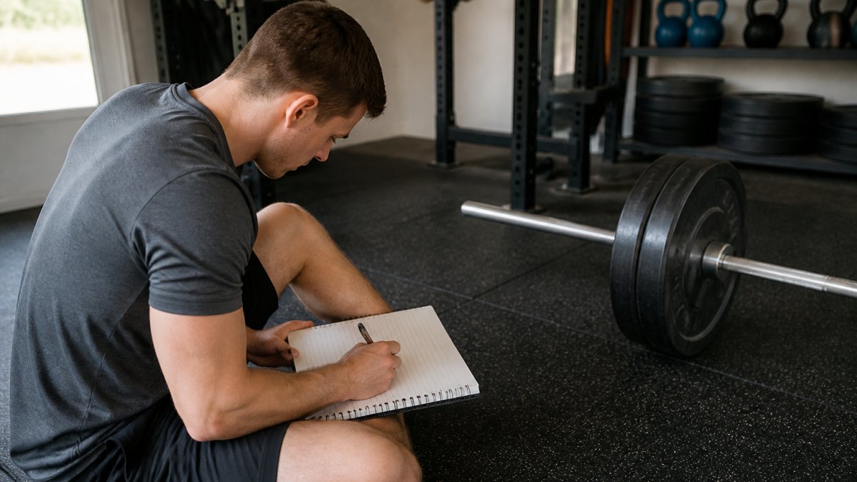 Lifter writing a four-week strength training plan in a notebook inside a home gym with barbell and kettlebells