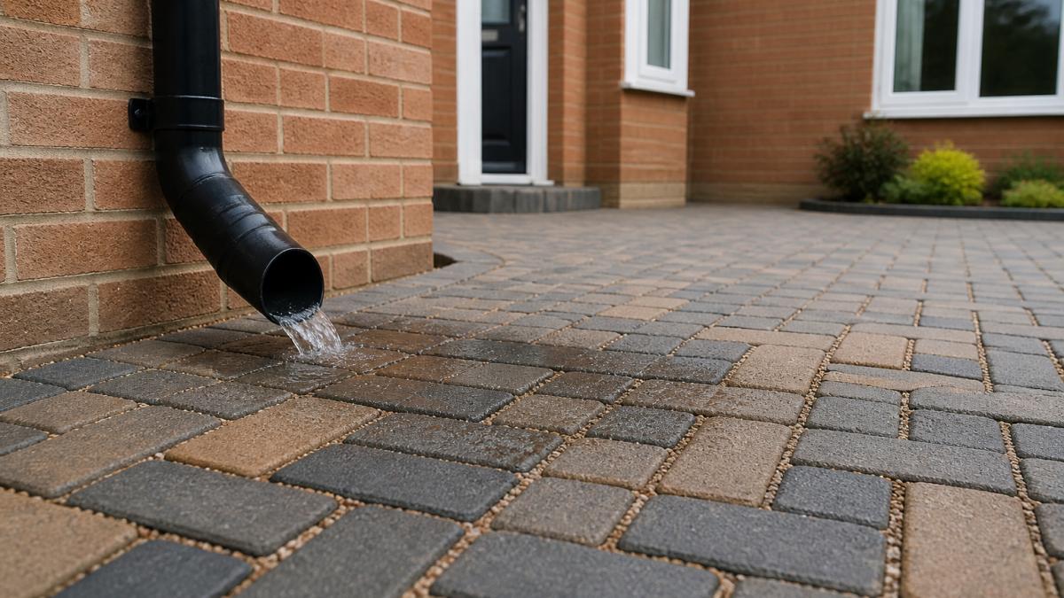 A residential driveway with permeable block paving and a downspout directing roof water onto the surface, with visible gaps between blocks and a brick house in the background