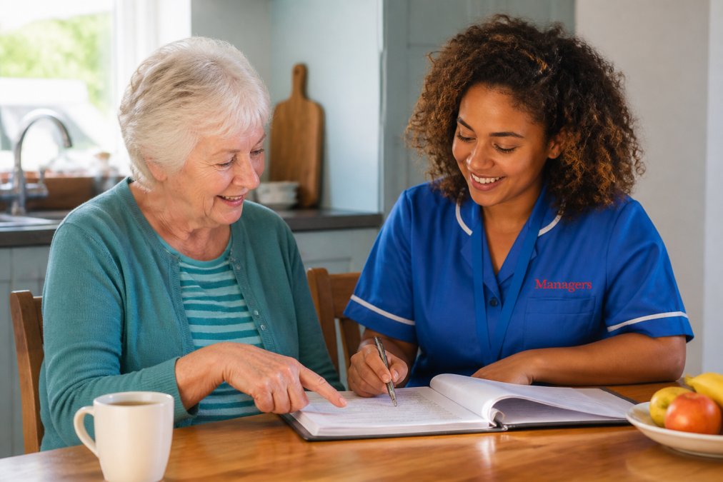 Older adult and care worker reviewing a personalised care plan together at a kitchen table, both engaged and smiling, with documents and a cup of tea visible on the table