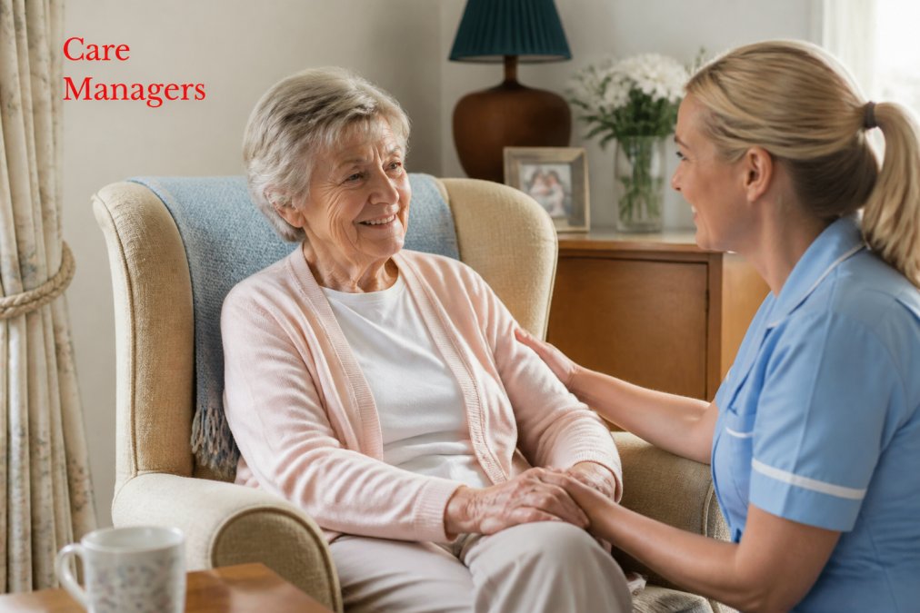 Elderly person sitting comfortably in their own home, looking relaxed and content with a care worker nearby providing thoughtful support, natural home lighting