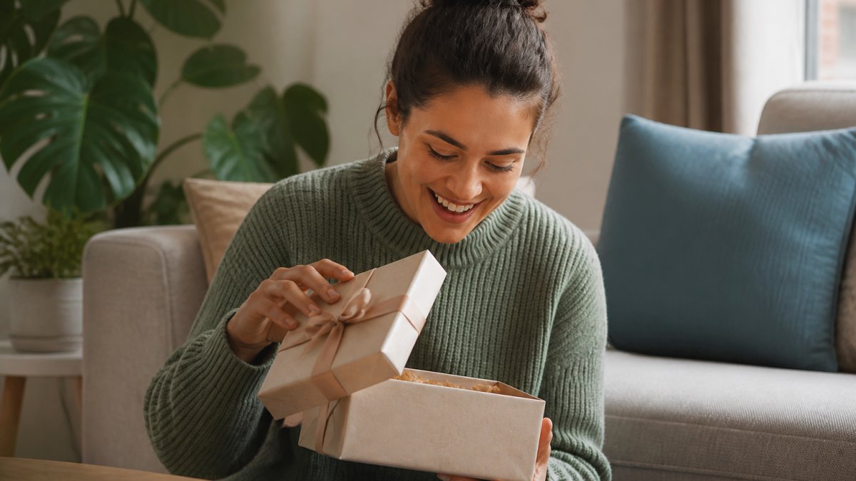 Person opening a beautifully wrapped personalised gift with a warm, genuine smile, showing the moment of emotional connection and joy