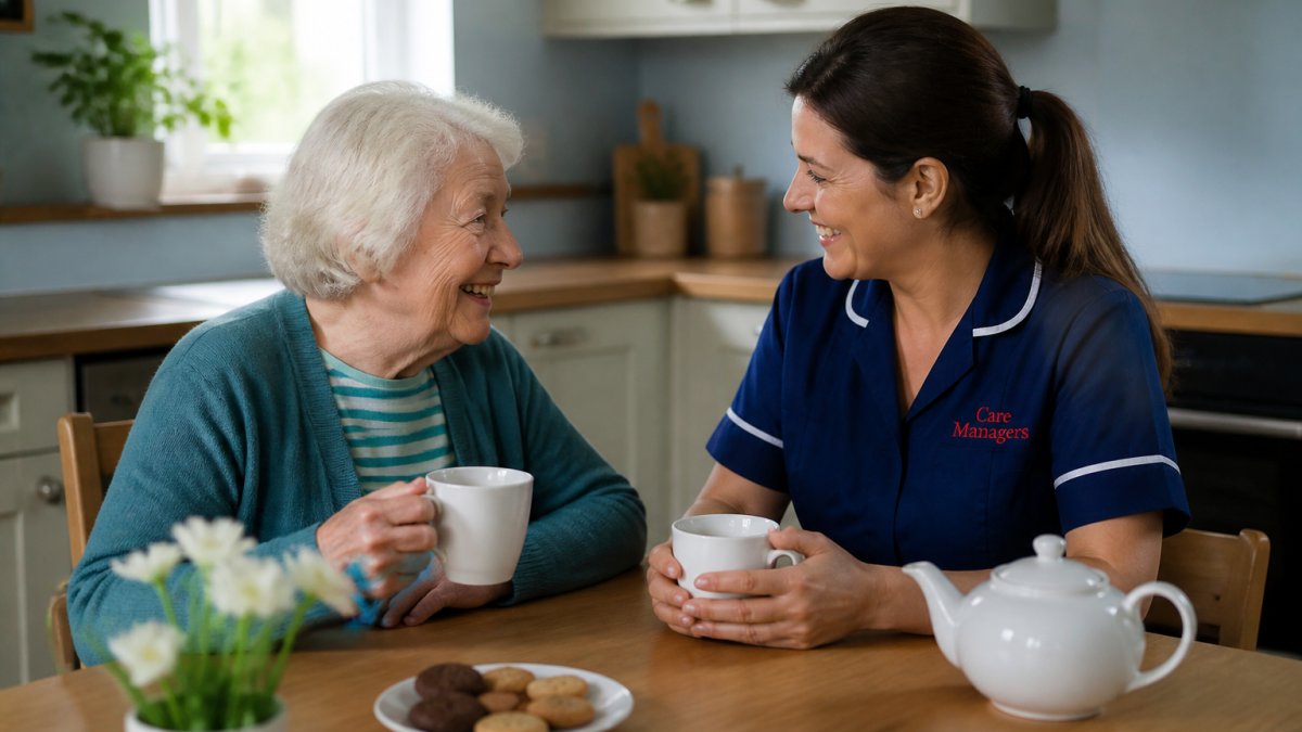Care professional and older adult smiling together whilst enjoying tea at a kitchen table, showing genuine warmth and connection in a bright, comfortable home setting