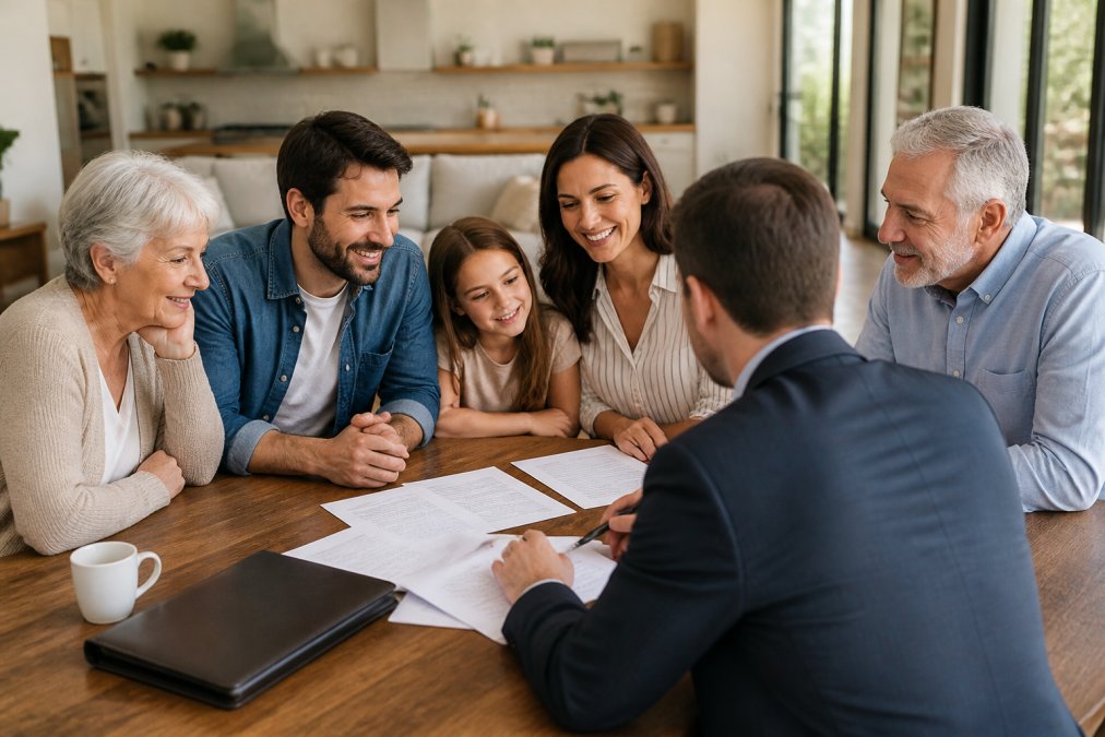 A multigenerational family sitting around a dining table with a financial advisor, reviewing documents and smiling, warm natural light
