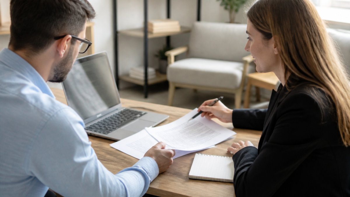 A mortgage loan processor and a borrower reviewing documents together at a desk in a bright office, laptop open with a loan file on screen, notepad and pen nearby