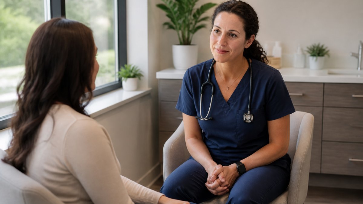 Nurse practitioner sitting across from patient in comfortable clinical setting, actively listening with direct eye contact and open body language, modern clinic interior with natural lighting
