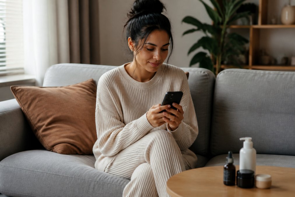 A woman sitting on a couch at home, looking at her smartphone with a wellness app open, a few personal care products on the coffee table beside her