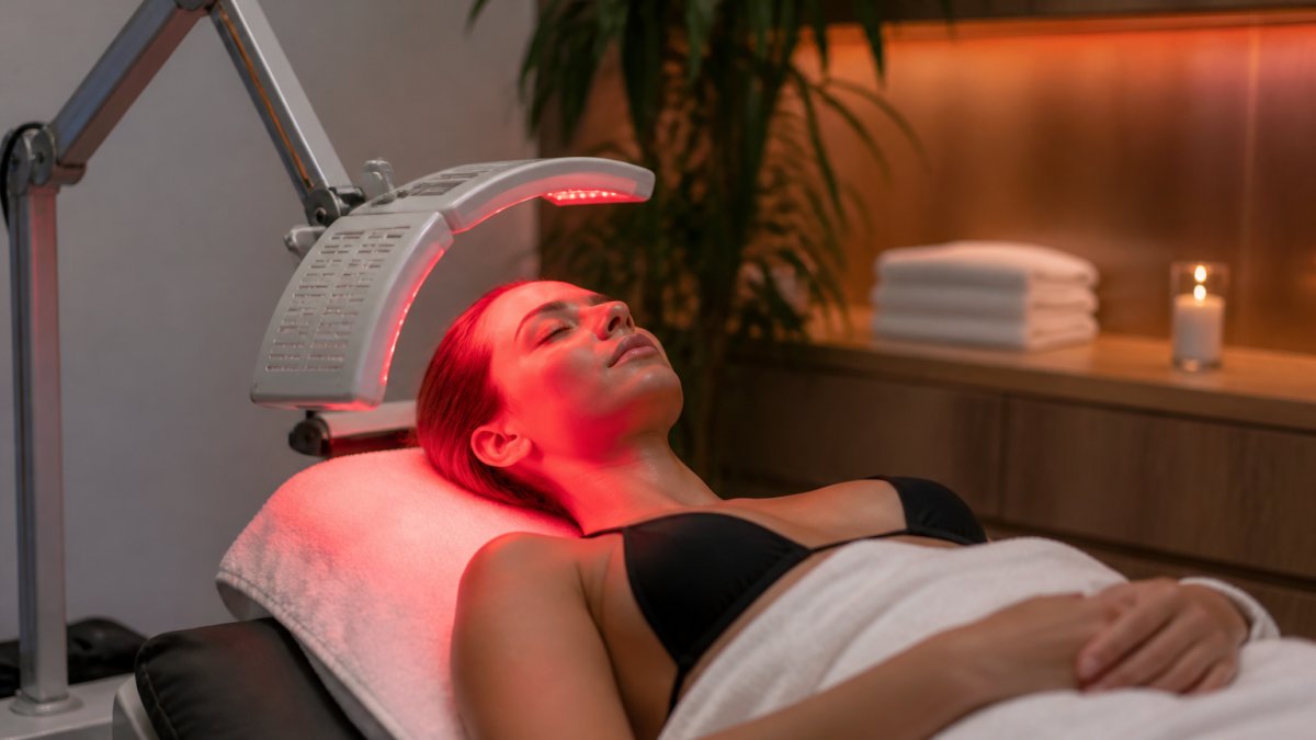 A person relaxing in a modern wellness spa while a red light therapy device is positioned near their neck and shoulders, with soft ambient lighting and a calm, clinical environment